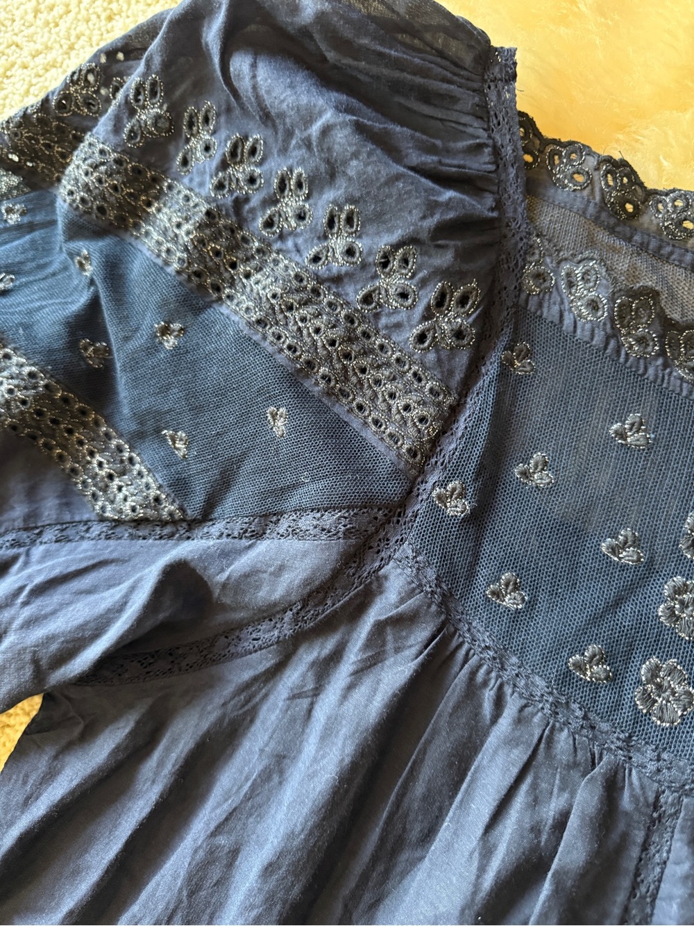 Anthropologie Navy Embroidered Eyelet Lace Mesh Babydoll Blouse Puff Sleeve S - Picture 4 of 9